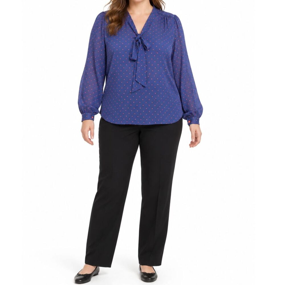 Stylus Women’s Navy Polka Dot Tie-Neck Blouse | Size L